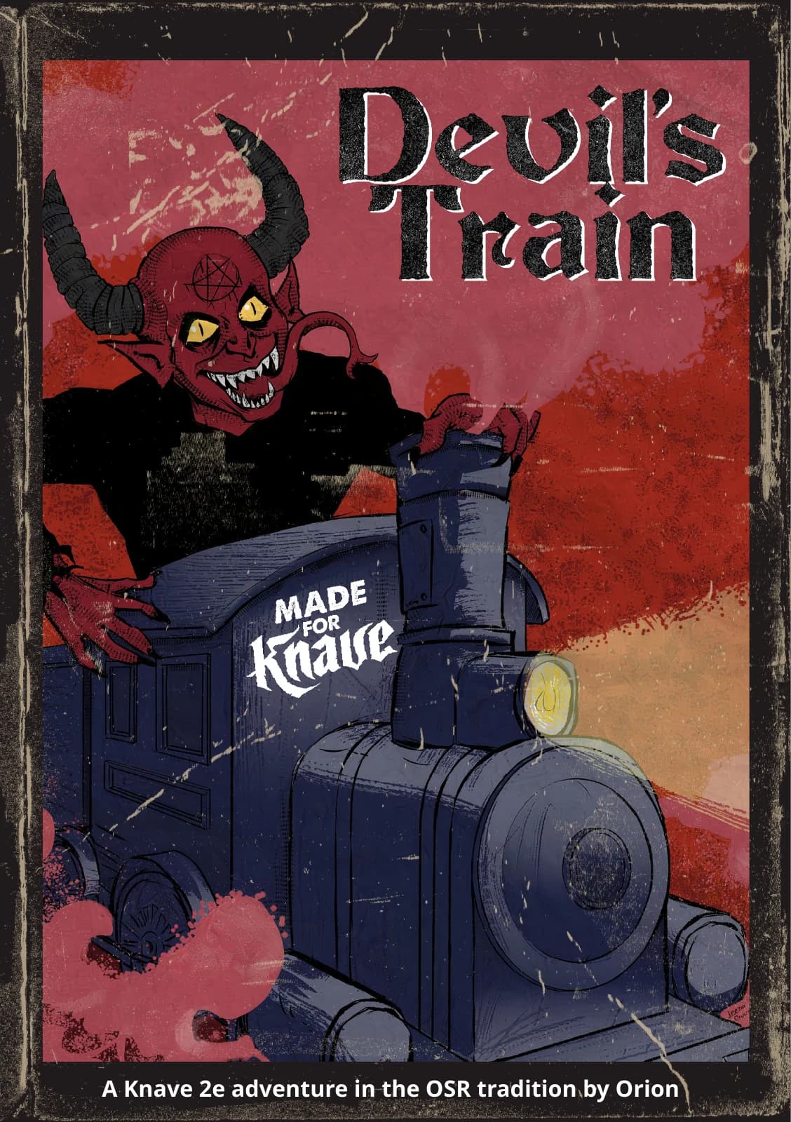 Capa de Devil’s Train com Morpheus sobre uma locomotiva, em vermelho, azul e preto