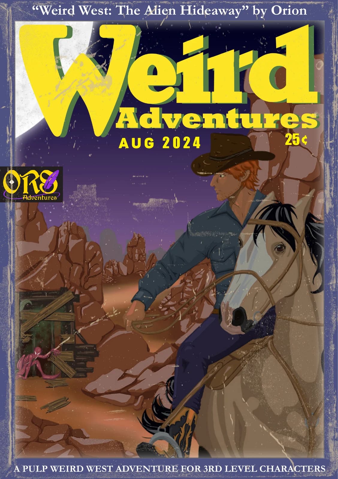 Capa de The Alien Hideaway no estilo de uma revista pulp, com um cavaleiro, alienígenas e título amarelo