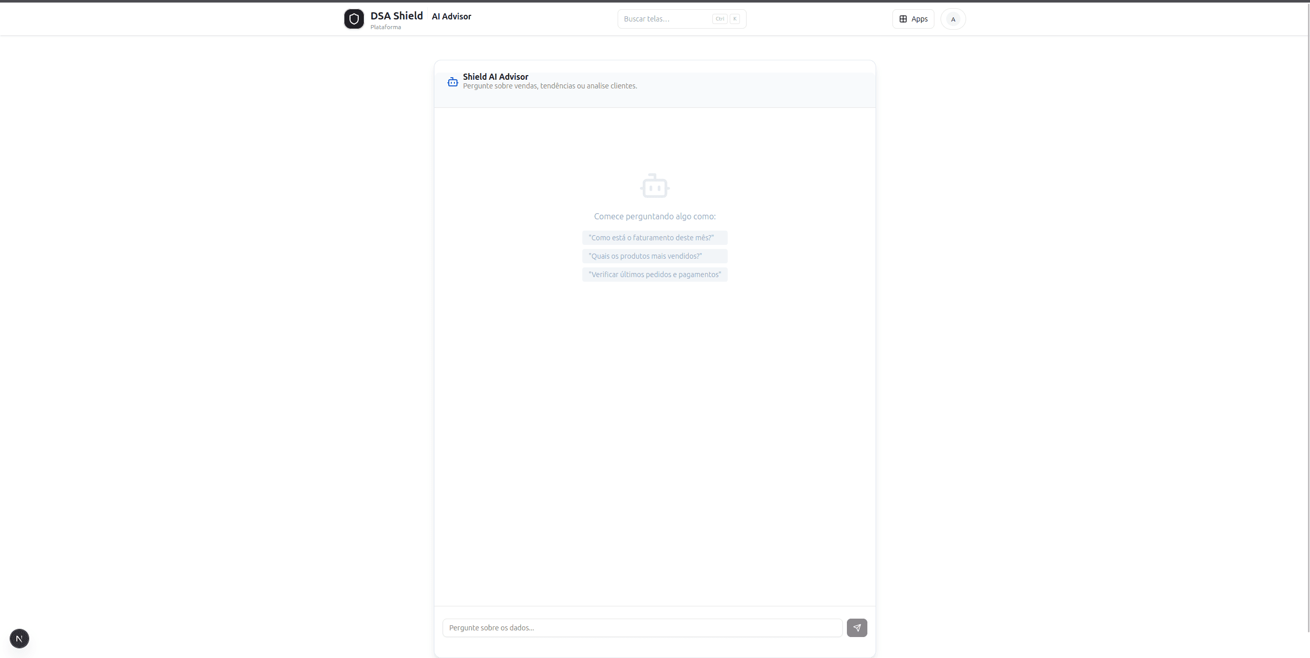 Interface do Shield AI Advisor com sugestões de perguntas sobre faturamento, produtos, pedidos e pagamentos