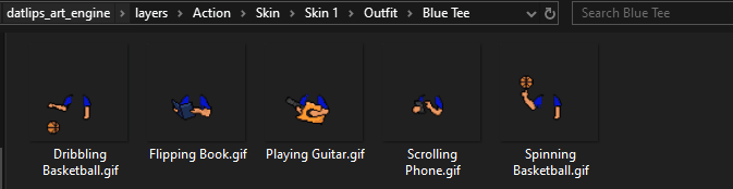 Pasta Action dentro de Skin 1 e Outfit Blue Tee, com variantes GIF de ações como tocar guitarra e folhear um livro