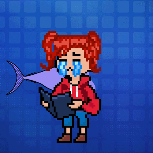 Personagem em pixel art de cabelos vermelhos lendo um livro diante de um fundo azul, em exemplo animado do Orion Art Engine